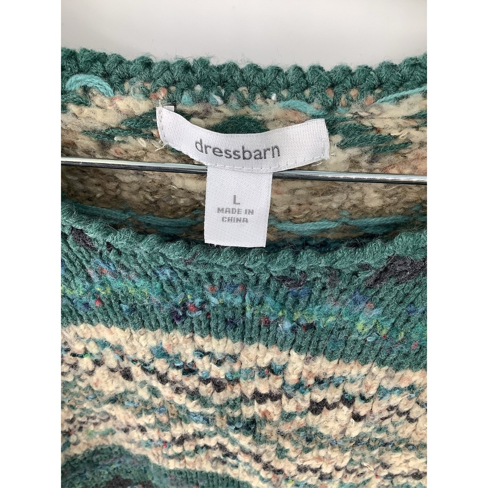 Dressbarn Womens Large Teal Fair Isle Chunky Knit Scoop Neck Pullover Sweater